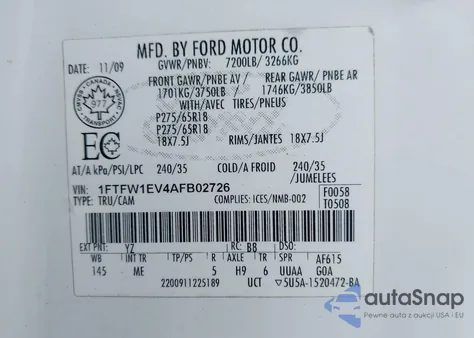 2010 Ford F-150 Fx4/Harley-Davidson/King Ranch/Lariat/Platinum/Xl/Xlt z USA, uszkodzony, nr VIN 1FTFW1EV4AFB02726